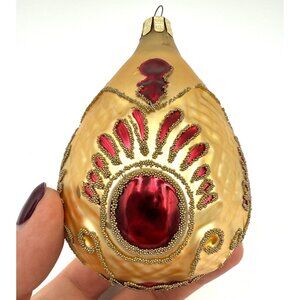 Vintage Czech Hand-Blown Glass Christmas Ornament Tear Drop Shape Red & Gold